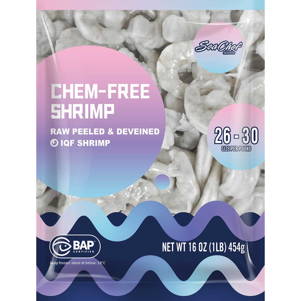 SeaChef IQF 26-30 Count White Shrimp, Peeled & Deveined, Tail-Off