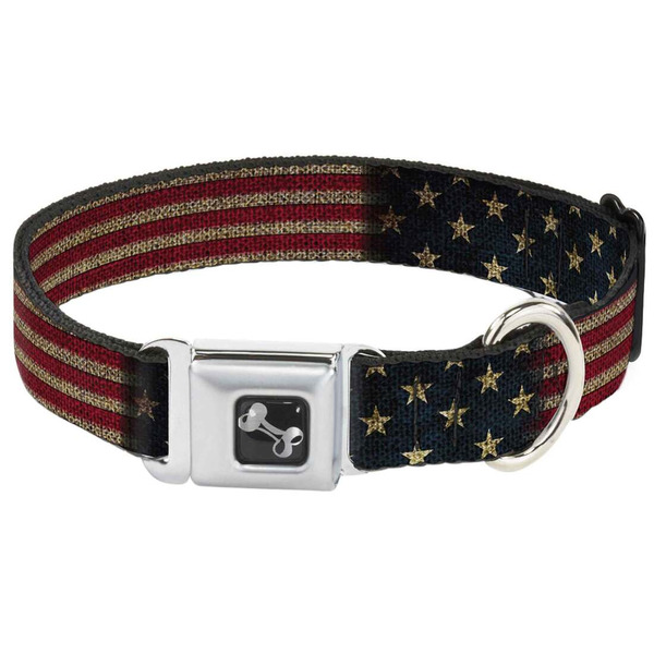 Buckle-Down US Flag Stretch Vintage Buckle Metal Seatbelt Pet Dog Collar, Large
