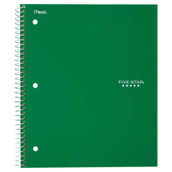 Five Star 1 Subject Wide Ruled Wirebound Notebook - Green - 10-1/2" x 8"
