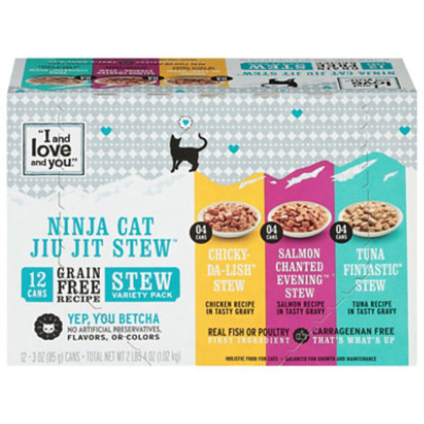 I and love and you Cat Can Variety-pack, Stew; Chicky-Da-Lish, Salmon Chanted Evening, Tuna Fintastic