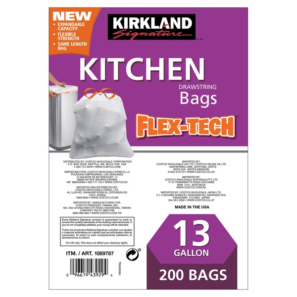 Kirkland Signature Flex Tech Kitchen Bags 200 X 13 Gal 9 5 Lb