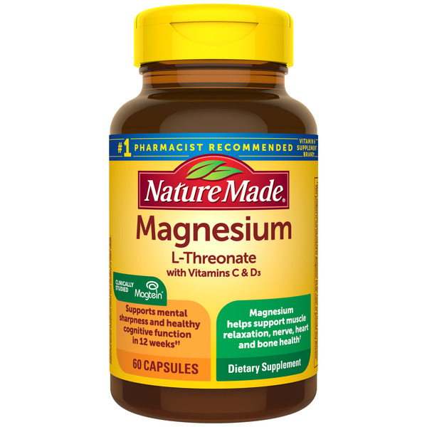 Nature Made Magnesium L-Threonate with Vitamin C & Vitamin D3, Provides 130 mg of Magnesium from 1800 mg Magnesium L Threonate, Cognitive Support Magnesium Supplement, 60 Capsules, 20 Day Supply - 60 each