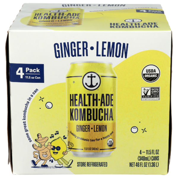 Health Ade Organic Ginger Lemon Kombucha 4 Pack Case