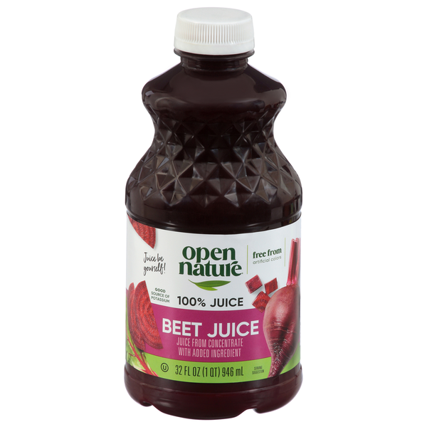 A 32 fl oz bottle of Open Nature Beet Juice with a white cap and a label featuring images of beets.