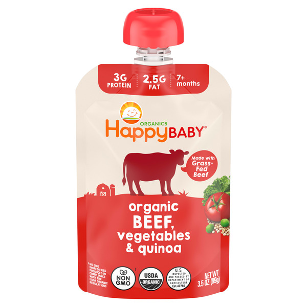 Happy Baby Organics Organics Savory Blends Stage 3 Baby Food Puree, Grass-Fed Beef, Market Vegetables & Quinoa Stew Pouches, 3.5 oz.