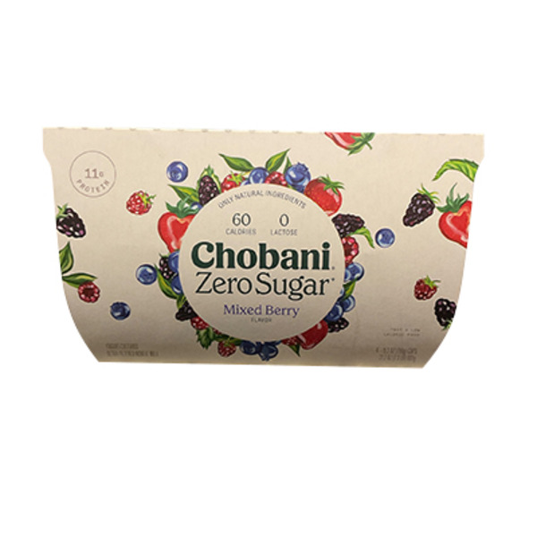 Chobani Yogurt, Greek, Nonfat, Zero Sugar, Mixed Berry Flavored