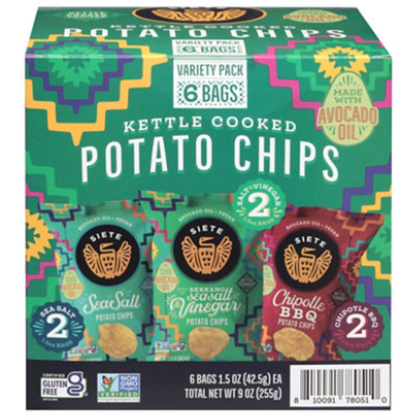 Siete Kettle Cooked Sea Salt/Sea Salt Vinegar/Chipotle BBQ Potato Chips Variety Pack