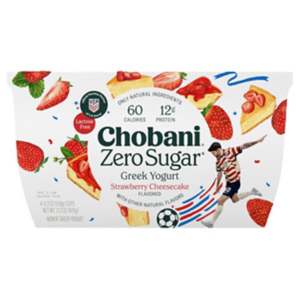 Chobani Yogurt, Greek, Nonfat, Zero Sugar, Strawberry Cheesecake Flavored