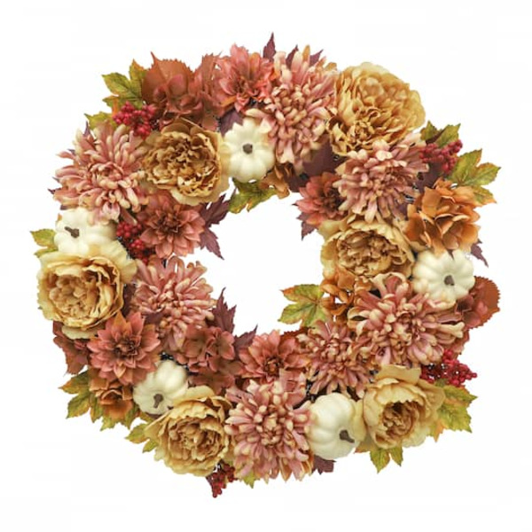 Ashland Pink Mum & Dahlia Wreath with Cream Pumpkins