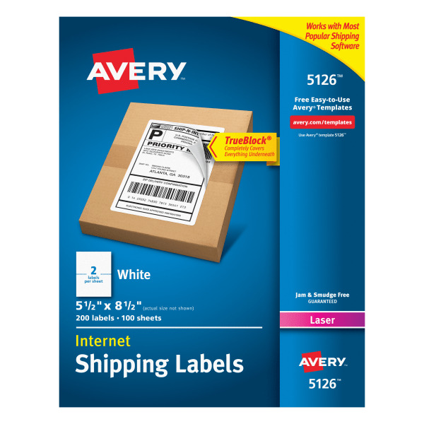 Avery White 5126 Shipping Labels With TrueBlock Technology