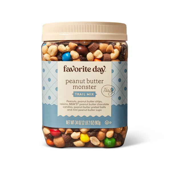 Favorite Day Peanut Butter Monster Peanuts Peanut Butter Chips Raisins M&m's Peanut Butter Chocolate Candies Peanut Butter Pretzel Balls And Mini Peanut Butter Cups Trail Mix