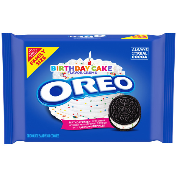 Oreo Birthday Cake Creme Chocolate Sandwich Cookies, Family Size 17 oz
