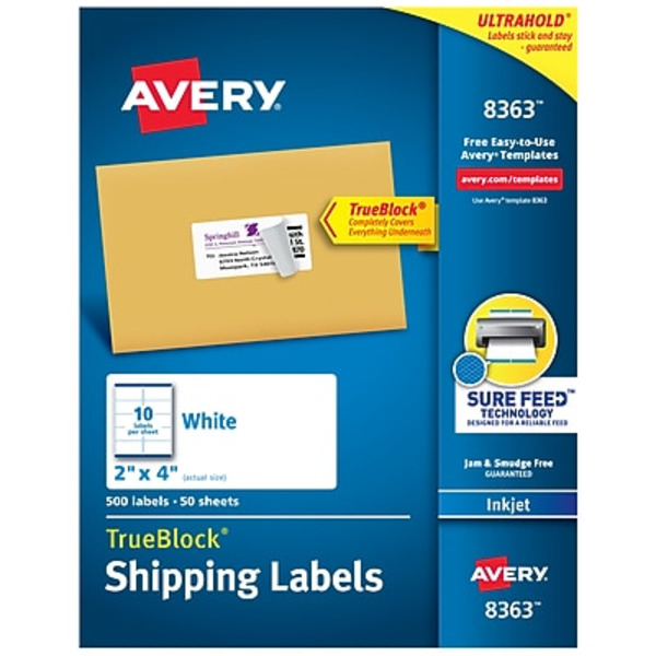 Avery 8363 4" x 2" White Sure Feed Technology TrueBlock Inkjet Shipping Labels