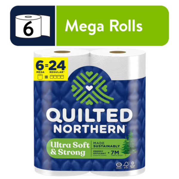 QUILTED NORTHERN ULTRA SOFT & STRONG TOILET PAPER, 6 MEGA ROLLS