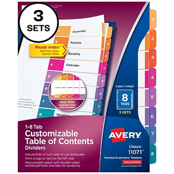 Avery 11071 8 - Tab Multi Color Ready Index Paper Printable Customizable Table Of Contents Divider Set Pack