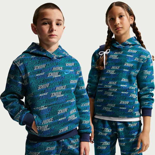 Nike Kids' Sportswear Club Fleece Allover Print Hoodie, S - Bright Spruce/Midnight Navy