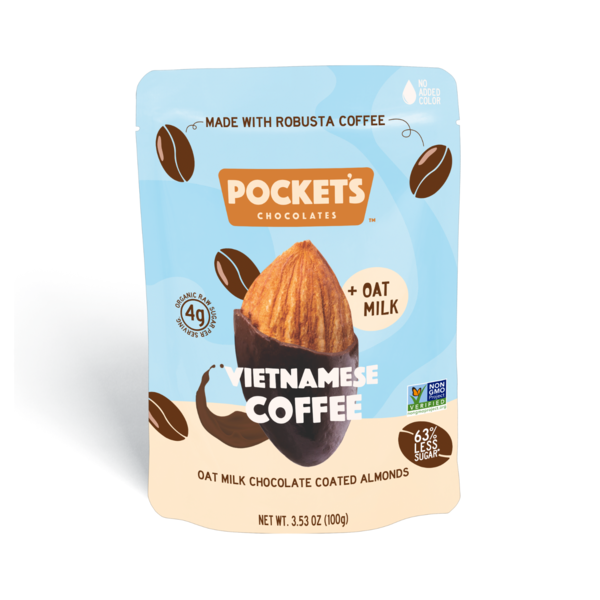 Pocket's Chocolates Oat Milk Chocolate Coated Almonds, Vietnamese Coffee
