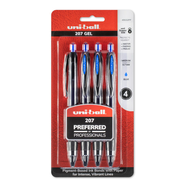 Uni-Ball Medium Point, 0.7 mm Clear Barrel Blue Ink Gel 207 Retractable Gel Pens