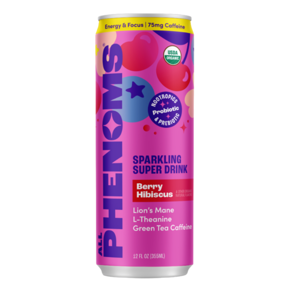 All Phenoms Berry Hibiscus, Sparkling Adaptogen Energy Drink, Caffeined