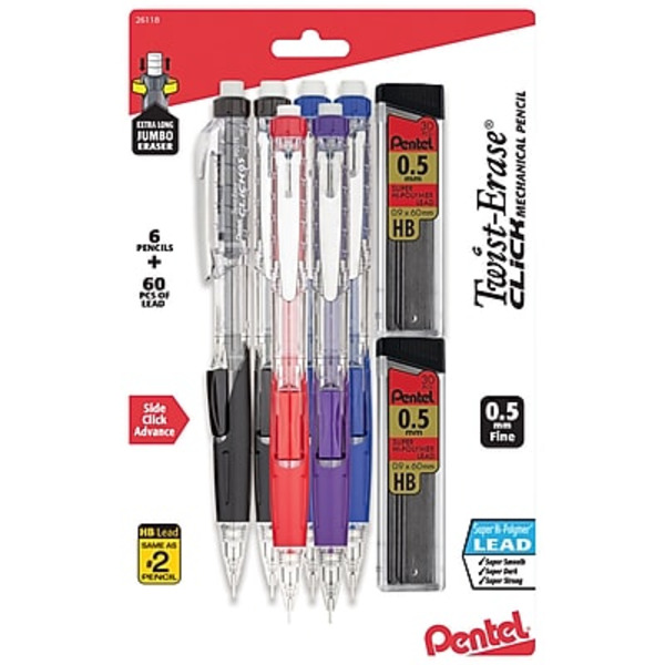 Pentel PD275TLBPS6M 0.5mm Assorted Colors Twist-Erase Click Mechanical Pencil