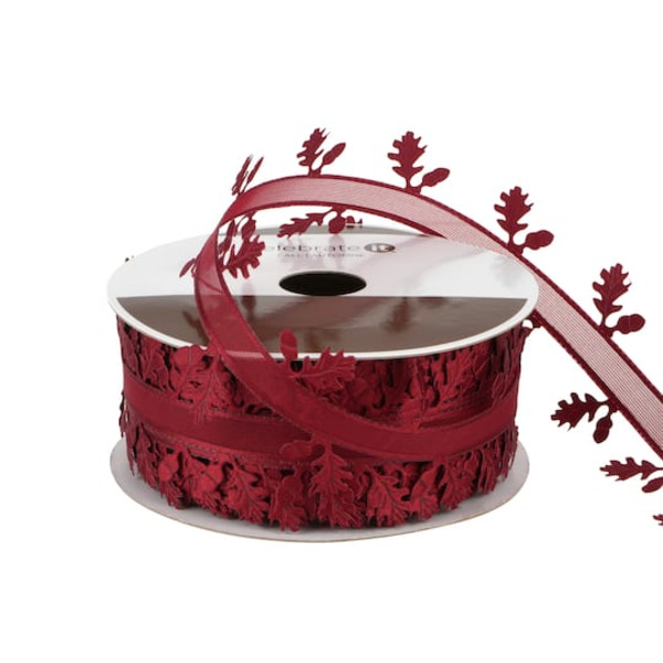 Celebrate It Leaf Cutout Ribbon, 1.5 in - Burnt Red