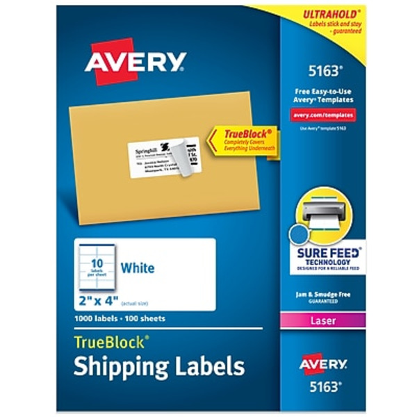 Avery 2" x 4" White 10 Labels Per Sheet Sure Feed Technology TrueBlock Laser Shipping Labels