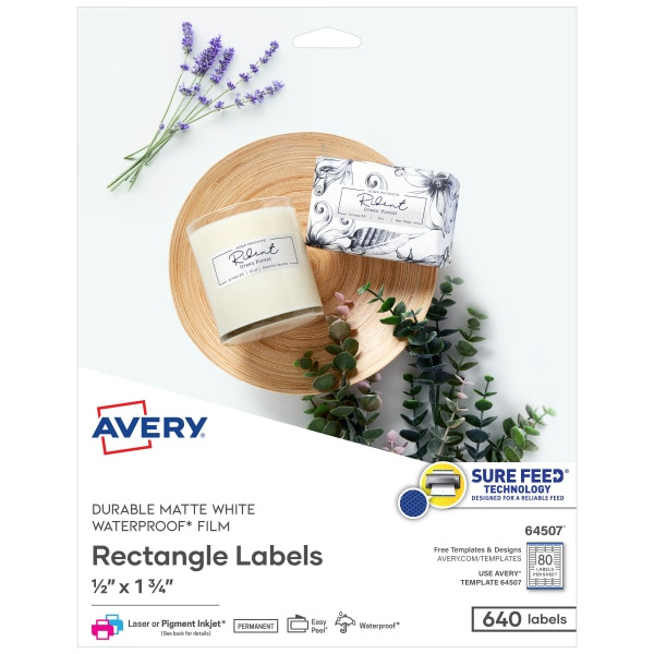Avery Printable Durable Waterproof Rectangle Labels With Sure Feed Technology, 1/2 x 1-3/4 in - Matte White