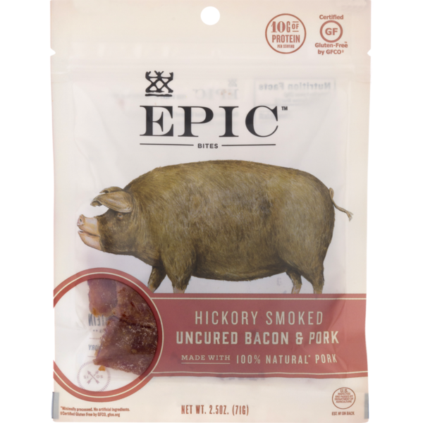 Epic Bites, Uncured Bacon & Pork, Hickory Smoked, Envelope
