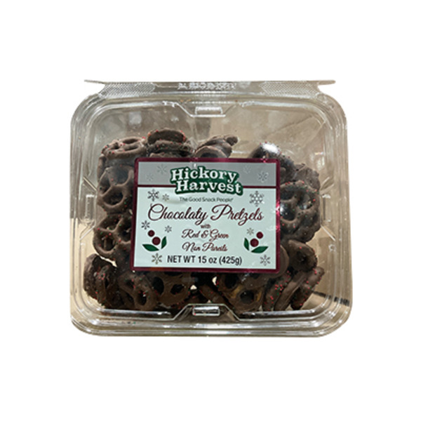 Hickory Harvest Non Pareils Chocolaty Pretzels With Red & Green