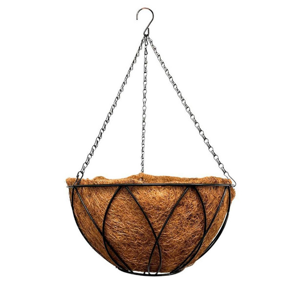 Pride Garden Products 14 In. Devon Black Steel Round Outdoor Hanging Basket With Aquasav Coconut Fiber Liner And Chain (7 In. H)