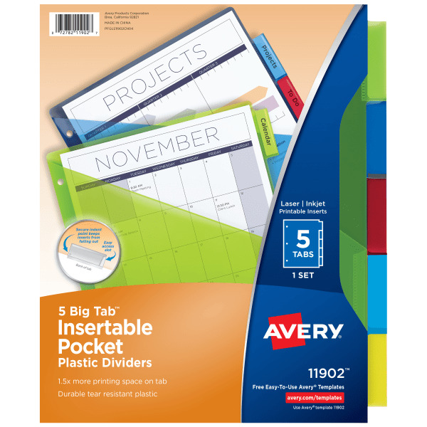 Avery Plastic Dividers, Insertable Pocket, 5 Big Tab