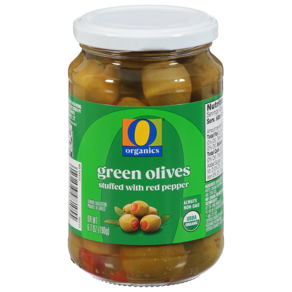 O Organics Green Olives, Stuffed with Red Pepper