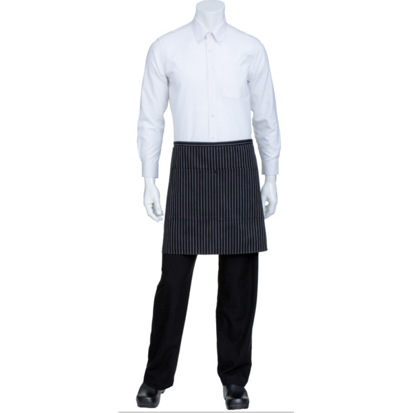 Bistro Apron, 19"L x 27-1/2", half length, patch pocket with center divide, black with white pinstripe