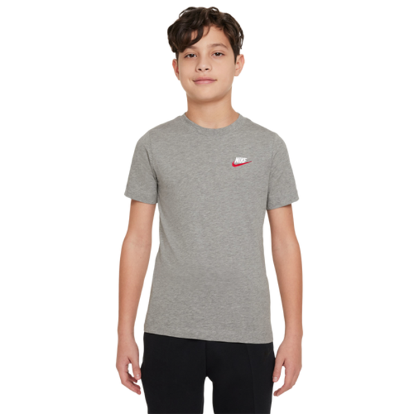 Nike Kids' Sportswear Embroidered Futura T-Shirt, S - Dark Grey Heather/White/University Red