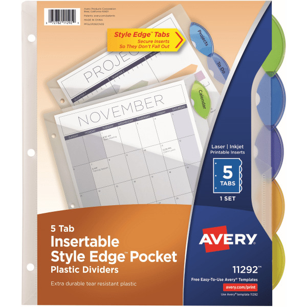 Avery 11292 5-Tab Multicolor Style Edge Translucent Plastic Insertable Dividers With Pockets