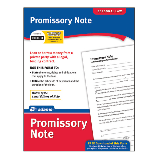 Adams ABF LF293 8.5" x 11" Personal Law Promissory Note Forms & Instructions