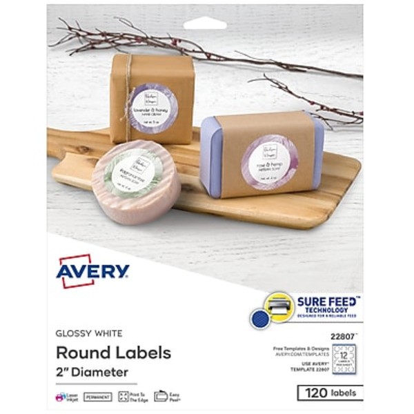 Avery Round Labels, Print-to-the-Edge, Laser, Ink Jet, Glossy White