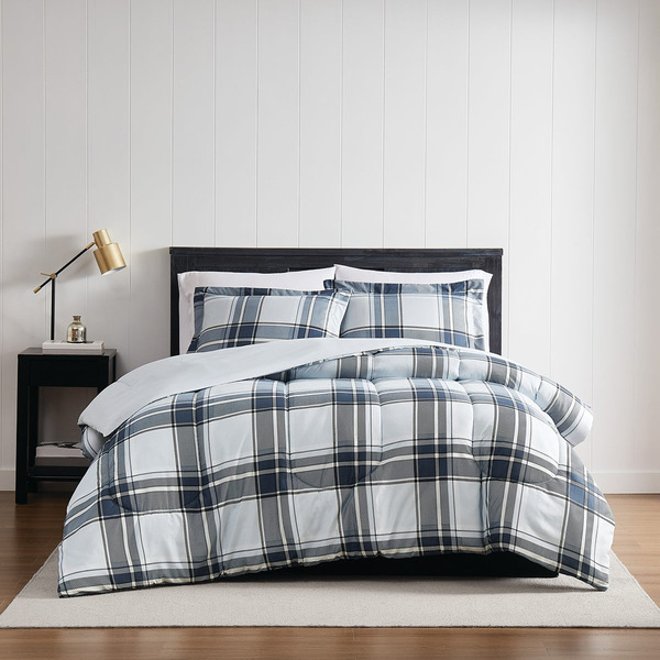 London Fog 2 Piece Nottingham Plaid Comforter Set, Twin XL - Navy Blue