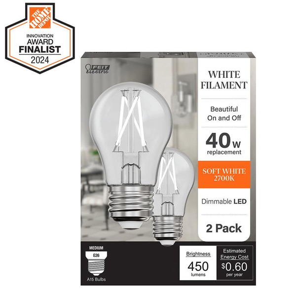 Feit Electric 40-watt Equivalent A15 Dimmable White Filament Cec Clear Glass E26 Led Ceiling Fan Light Bulb, Soft White 2700k (2-pack)