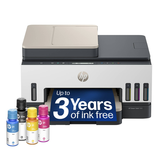 HP Smart Tank 7303 Wireless AI-Enabled All-in-One Cartridge-Free Supertank Inkjet Printer with 3 Years of Ink Included - White