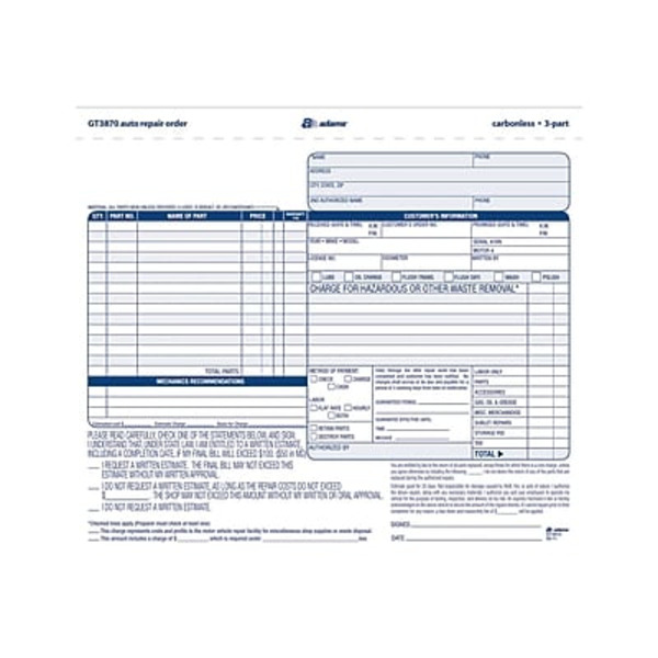 Adams 8.5" L x 7.44" W 50 Forms/Book Carbonless Auto Repairs Book