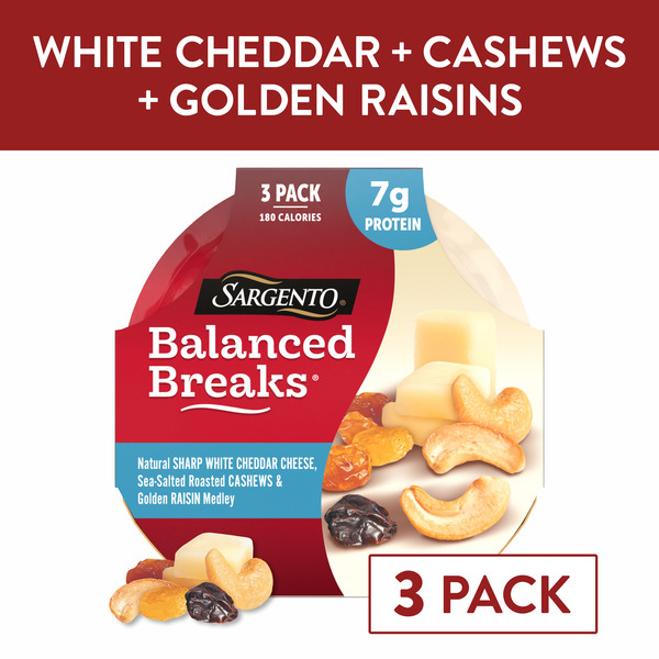 Sargento Balanced Breaks® Sharp White Cheddar Natural Cheese, Sea-Salted Roasted Cashews and Golden Raisin Medley Snack Kit, 3-Pack