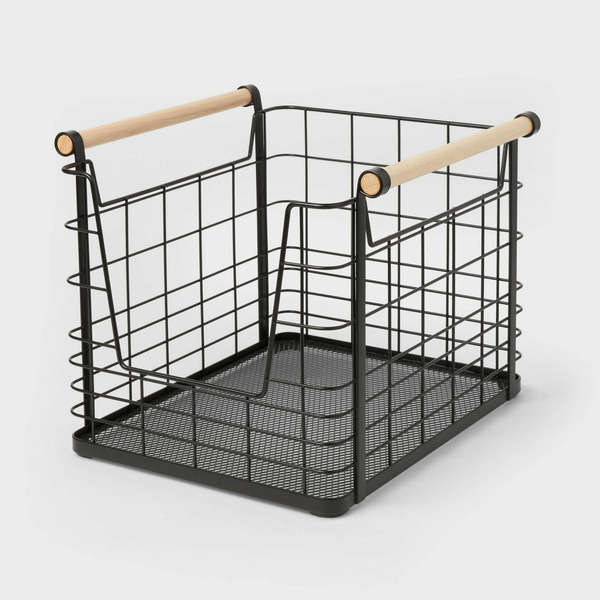 Brightroom Wire Open Front Basket With Natural Wood Handles - Black
