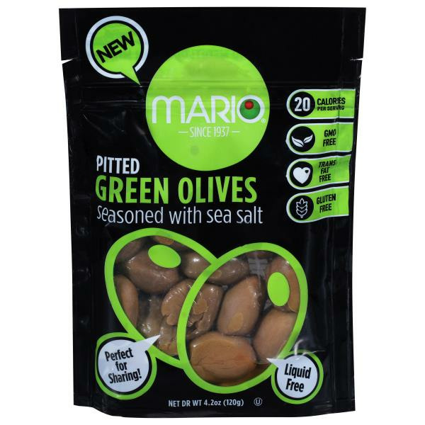 Mario Mario Green Olives Pitted with Sea Salt, 4.2oz Brineless Pouch — product image