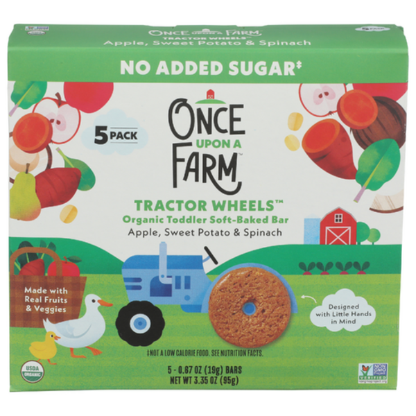 Once Upon A Farm Organic Apple, Sweet Potato & Spinach Tractor Wheels Toddler Soft Baked Bar 5 Pack