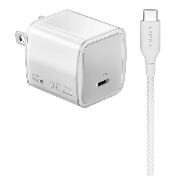 Insignia 30W USB-C Foldable Compact Wall Charger Bundle With 6 USB-C to C Cable for Smartphones, Tablets & More - White