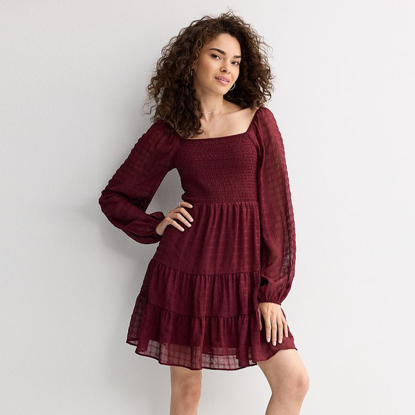 long sleeve skater dress burgundy Kohl's Juniors' Rewind Smocked Dress, Girl's, Size: Medium, Red Same-Day Delivery dress length:Tea Length Red Carpet Dresses KissProm Light Yellow One Burgundy sequin dress The structured design creates