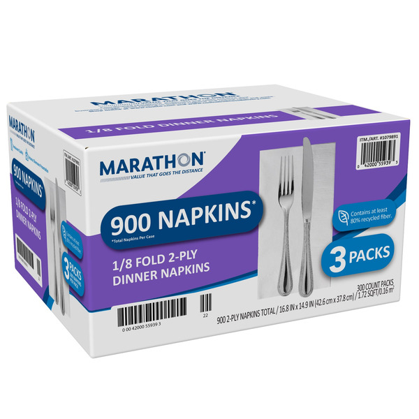 Marathon 1/8 Fold Dinner Napkins, 2-Ply, White, 900 ct Same-Day