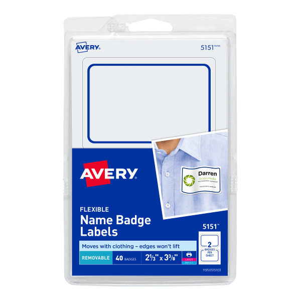 Avery White With Blue Border Flexible Name Badge Labels - 2 1/3" x 3 3/8"