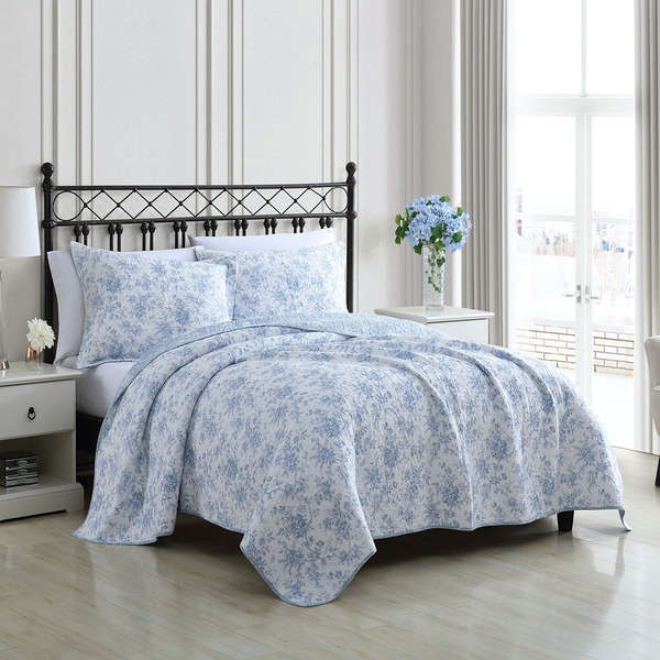 Laura Ashley Walled Garden 3-Piece King Quilt Set, 104 x 96 in - Blue